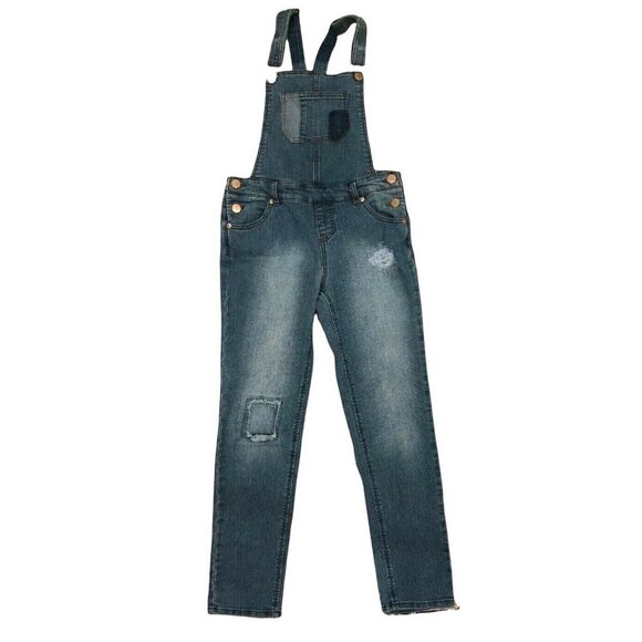 Target Girl Blue Patchwork Distress Denim Jean Overalls L 10 12 - Picture 1 of 4
